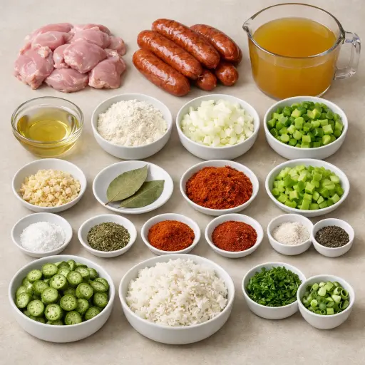 Ingredients for Traditional Chicken and Sausage Gumbo