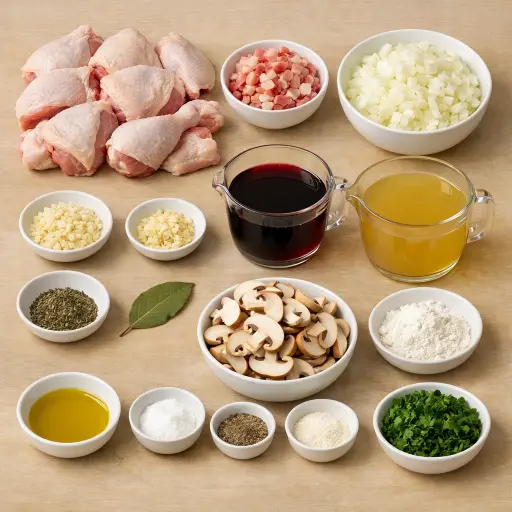 Ingredients for Traditional Coq au Vin