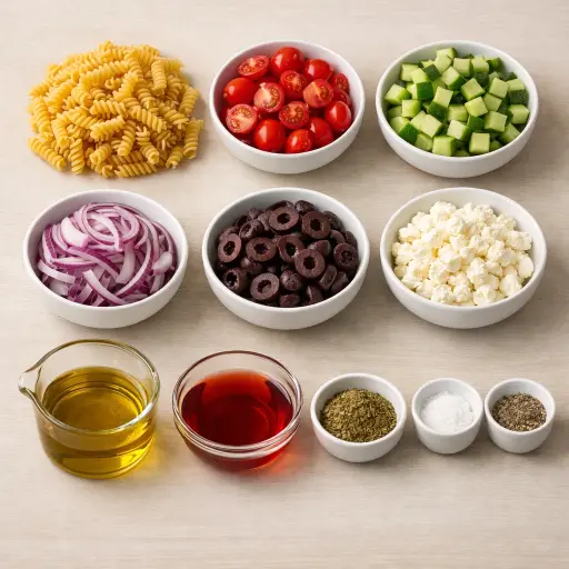 Ingredients for Traditional Greek Pasta Salad
