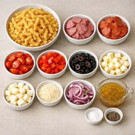 Ingredients for Traditional Italian Antipasto Pasta Salad