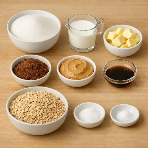 Ingredients for Traditional No-Bake Chocolate Peanut Butter Cookies