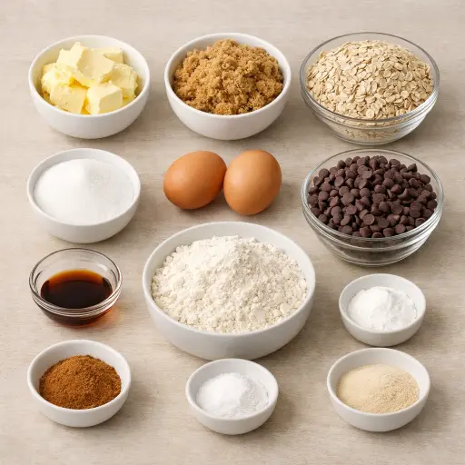 Ingredients for Traditional Oatmeal Chocolate Chip Cookies