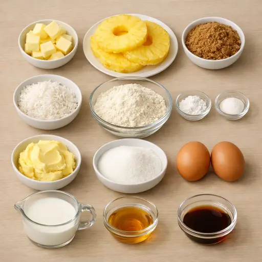Ingredients for Tropical Coconut Pineapple Upside-Down Cake