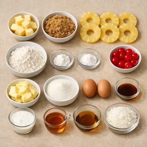Ingredients for Tropical Coconut Rum Pineapple Upside-Down Cake