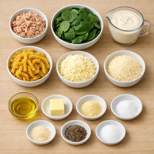 Ingredients for Tuna and Spinach Alfredo Casserole