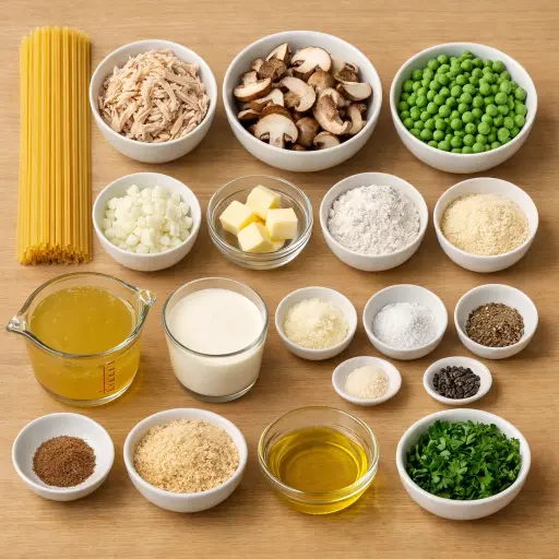 Ingredients for Turkey Tetrazzini with Wild Mushrooms and Peas