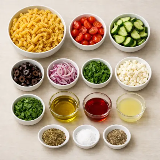 Ingredients for Tuscan Herb Veggie Pasta Salad