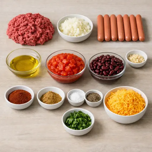 Ingredients for Ultimate Chili Cheese Dogs
