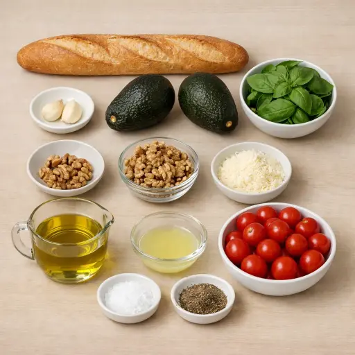 Ingredients for Walnut Pesto Avocado Bruschetta