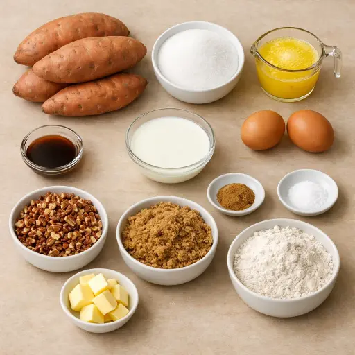 Ingredients for Wholesome Sweet Potato Casserole with Pecan Crumble