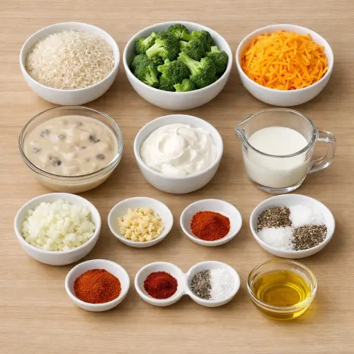 Ingredients for Zesty Broccoli Cheese Rice Casserole