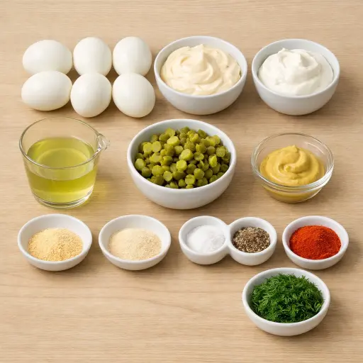 Ingredients for Zesty Dill Pickle Deviled Egg Dip