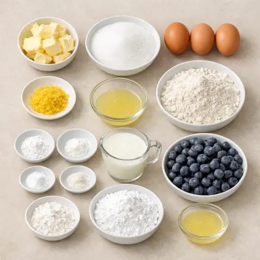 Ingredients for Zesty Lemon Blueberry Drizzle Cake