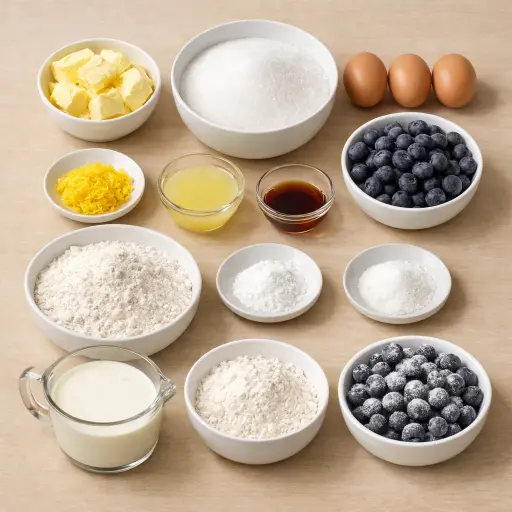Ingredients for Zesty Lemon Blueberry Pound Cake
