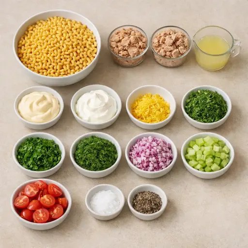 Ingredients for Zesty Lemon Herb Macaroni Tuna Salad