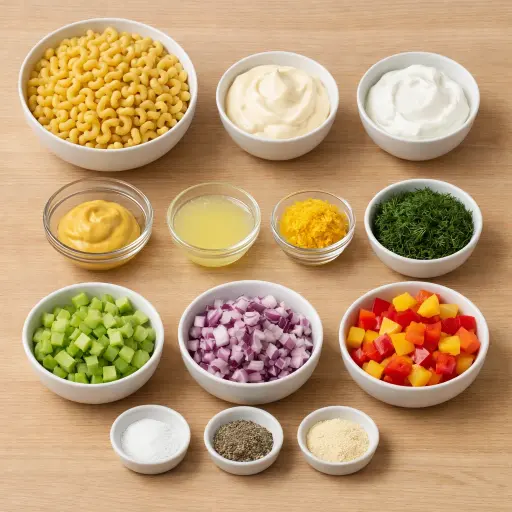 Ingredients for Zesty Macaroni Salad with Dill and Lemon