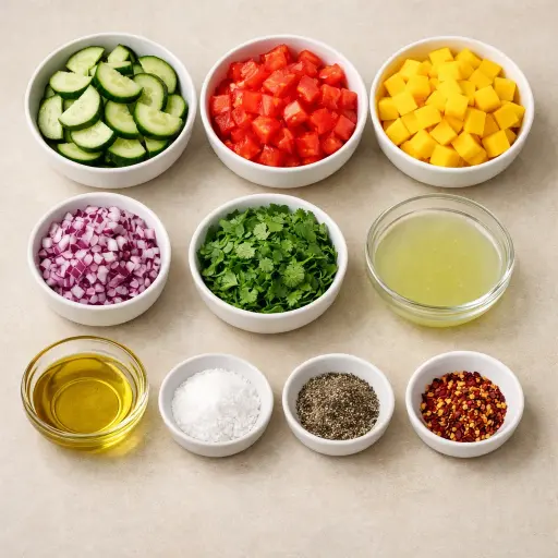 Ingredients for Zesty Mango Cucumber and Tomato Salad