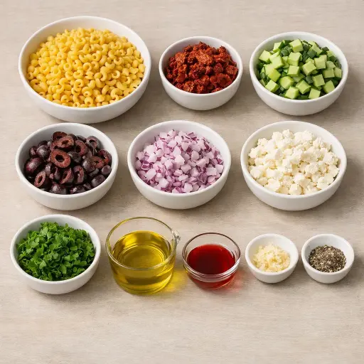 Ingredients for Zesty Mediterranean Macaroni Salad