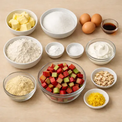 Ingredients for Zesty Rhubarb Almond Cake