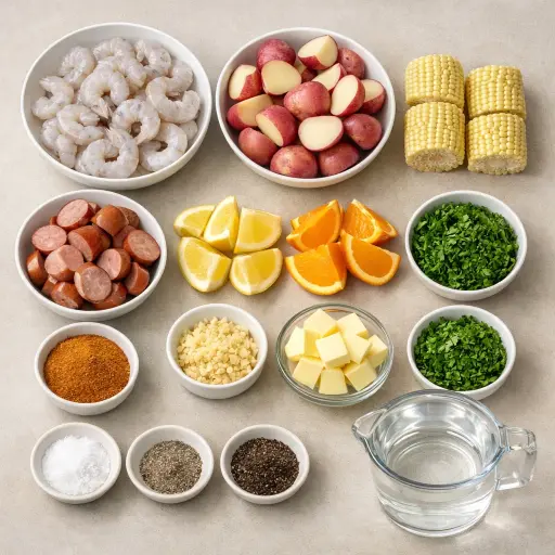 Ingredients for Zesty Shrimp Boil with Citrus Twist