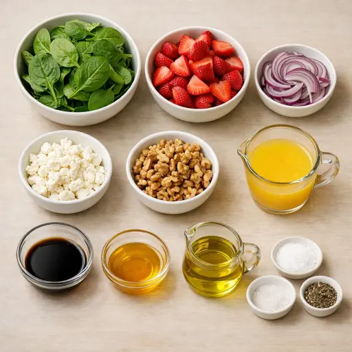 Ingredients for Zesty Strawberry Spinach Salad with Feta and Walnuts