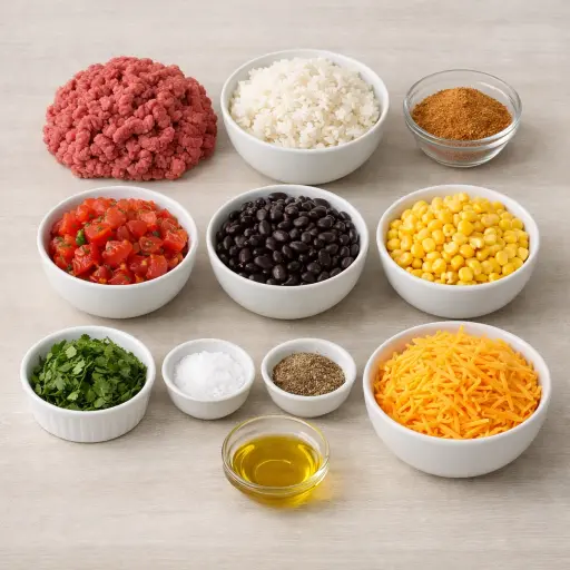 Ingredients for Zesty Taco Rice Casserole