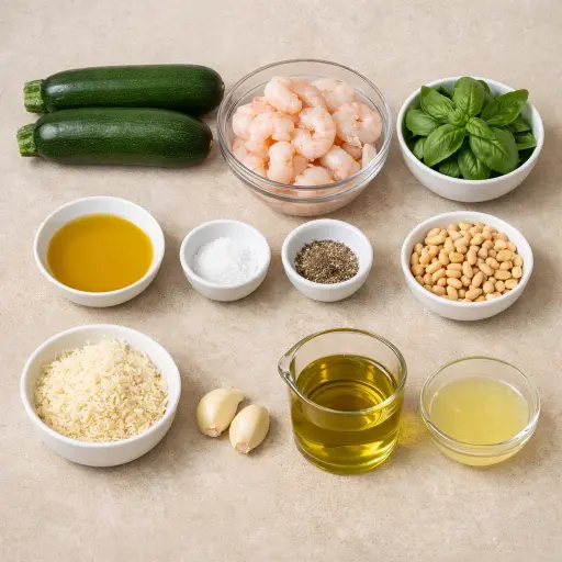 Ingredients for Zucchini Noodles with Pesto and Grilled Shrimp