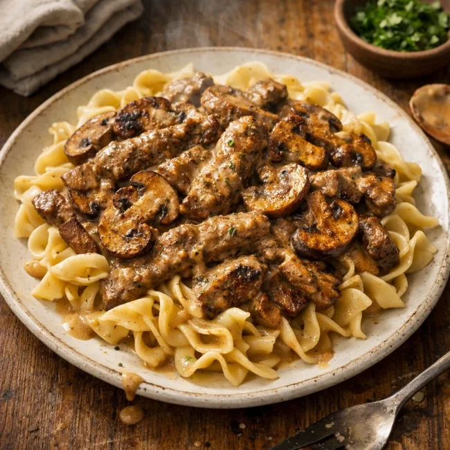 Beef Stroganoff with Spiced Mushrooms