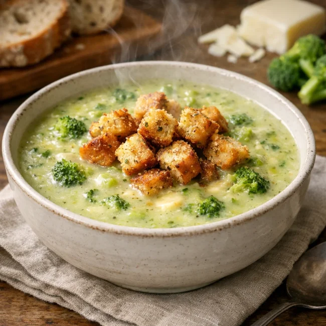 Broccoli and White Cheddar Soup with Garlic Croutons