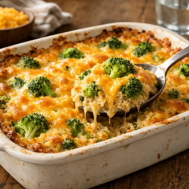 Broccoli Cheddar Quinoa Casserole