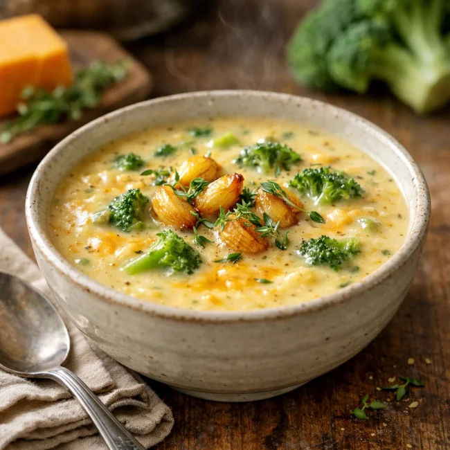 Broccoli Cheddar Soup with Roasted Garlic and Thyme
