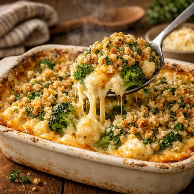 Cheesy Broccoli Cauliflower Casserole with Herb Crumble