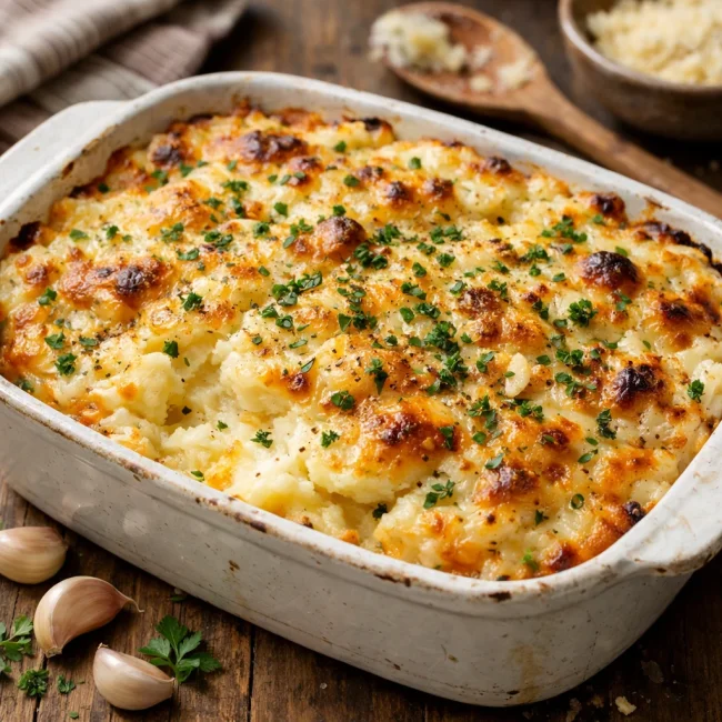 Cheesy Garlic Herb Mashed Potato Casserole