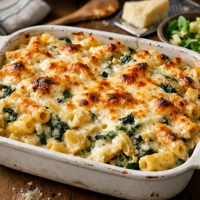 Cheesy Spinach Artichoke Baked Ziti