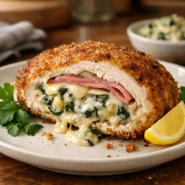 Chicken Cordon Bleu with a Spinach Artichoke Twist