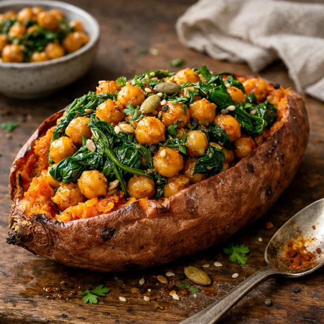 Chickpea & Spinach Stuffed Sweet Potatoes