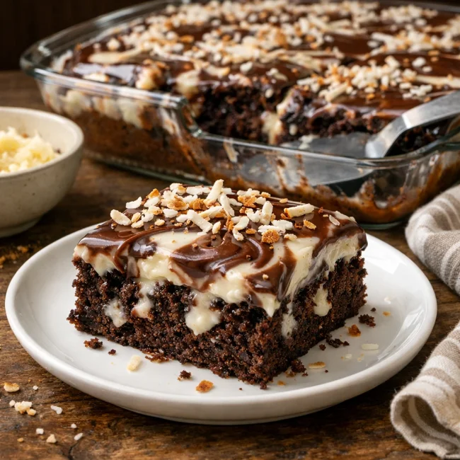 Chocolate Coconut Swirl Pudding Poke Cake