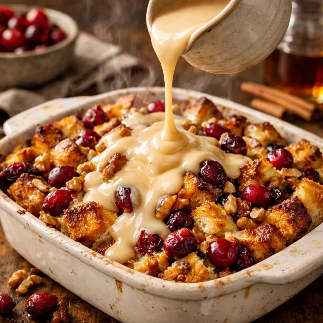 Cranberry Walnut Bread Pudding with Maple Cream Sauce