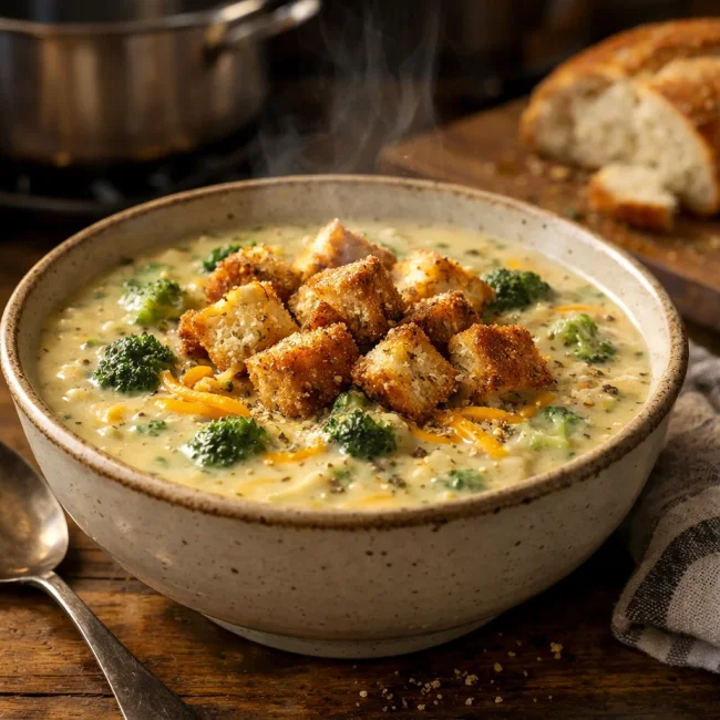 Creamy Broccoli Cheddar Soup with Crispy Croutons