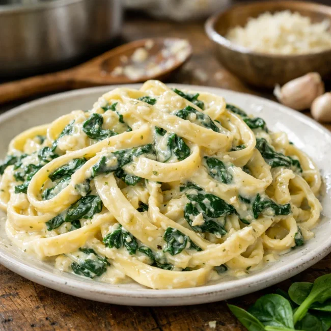 Creamy Garlic Spinach Fettuccine