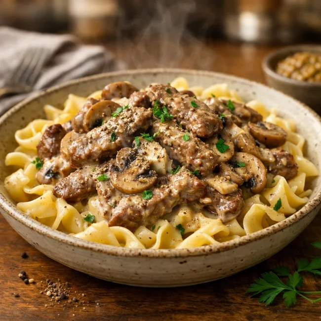 Creamy Mustard Beef Stroganoff