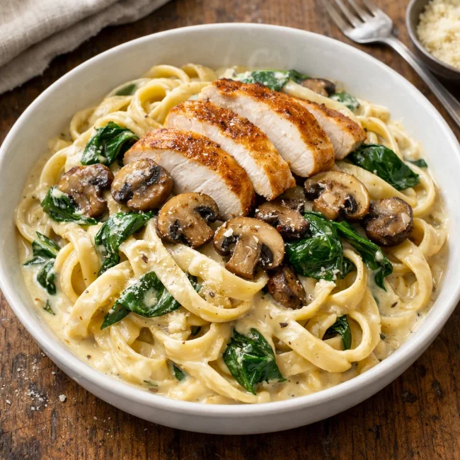 Creamy Spinach and Mushroom Chicken Fettuccine Alfredo