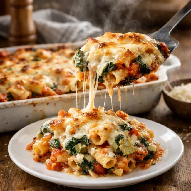 Creamy Spinach Artichoke Baked Ziti