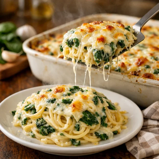 Creamy Spinach Baked Spaghetti