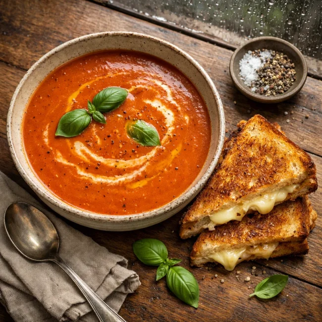 Creamy Tomato Basil Soup with Grilled Cheese