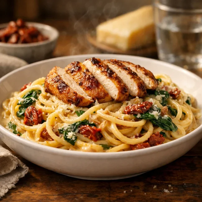Creamy Tuscan Chicken Spaghetti