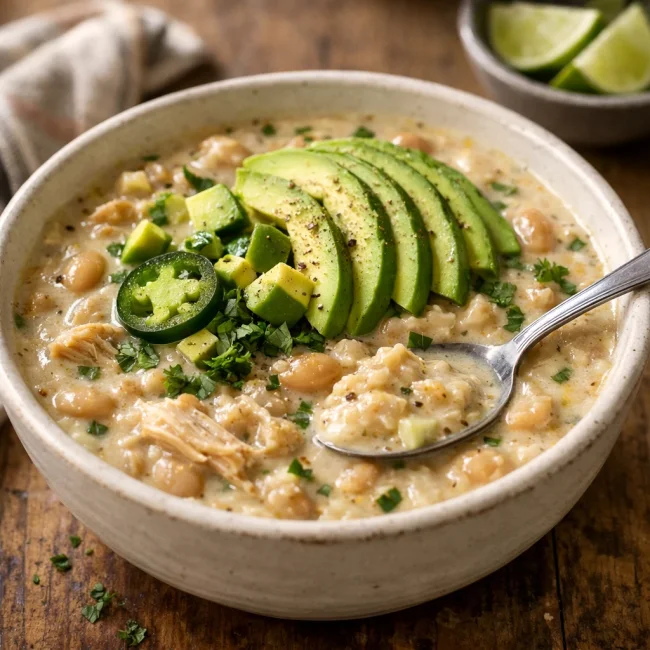 Creamy White Chicken Chili with Avocado