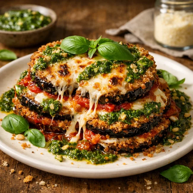 Crispy Baked Eggplant Parmesan with Pesto
