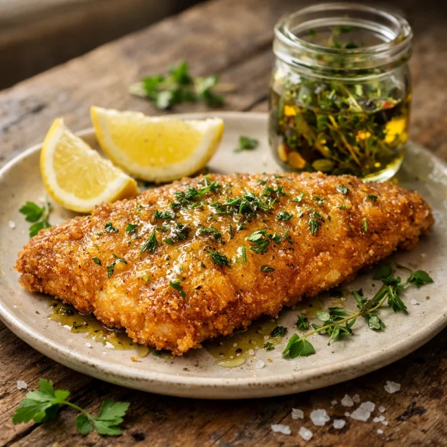 Crispy Cornmeal Fried Fish with Herb-infused Oil