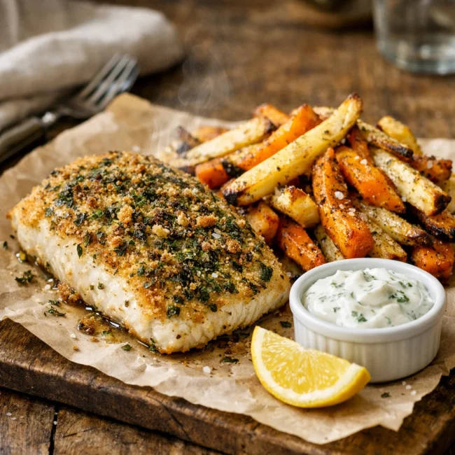Crispy Herb-Crusted Fish and Root Vegetable Fries